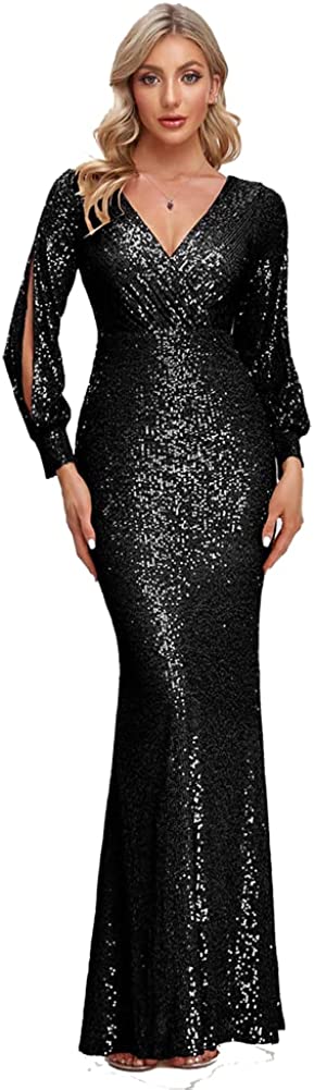 MOOSSIS Women Sequin Fishtail V Neck Maxi Bodycon Black Dress with Long & Open Sleeves BL0004R-002 - Image 1